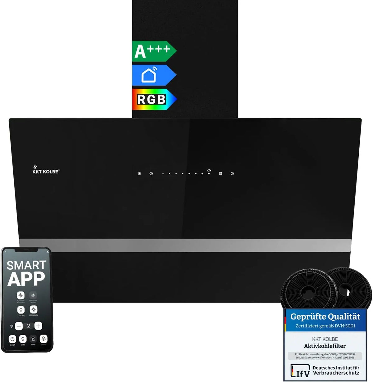 Dunstabzugshaube EASY8005SM KKT KOLBE, 782 cbm, h Umluft Abluft, Wandhaube, in Schwarz Glas, Breite 80 cm, Smart WiFi App WLAN, Kopffrei