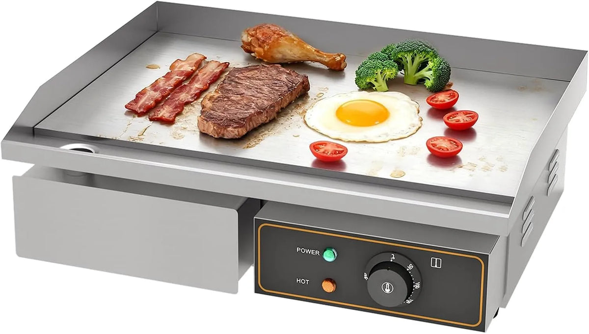 Grill, Elektrogrill mit 55 x 34 cm Grillfläche aus Gusseisen, Profi Gastro Elektrische Tischgrill 3000W, Grillplatte Elektrisch glatt Bratplatte