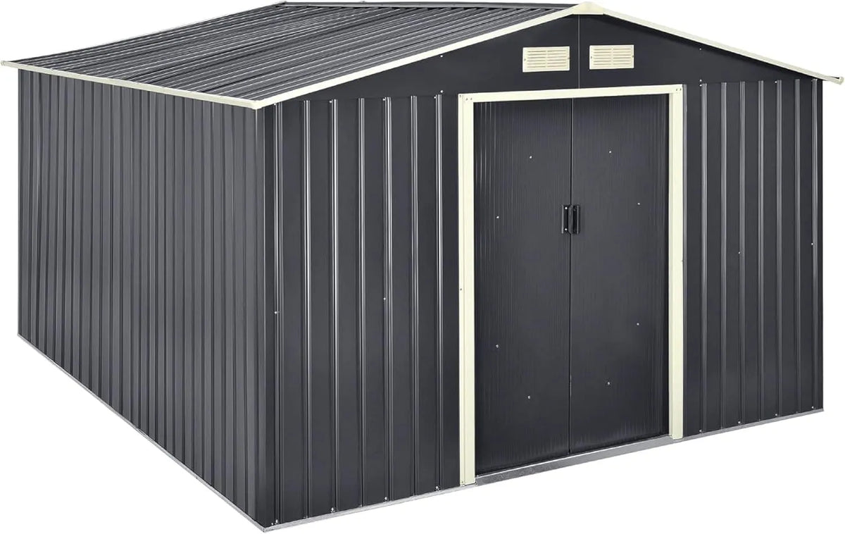 Geräteschuppen, mit Satteldach Metallrahmen Schuppen aus Stahlblech Abschließbar Gerätehaus 2 Schiebetür Dunkelgrau, 277x319x192cm Gartenhaus 15 m³