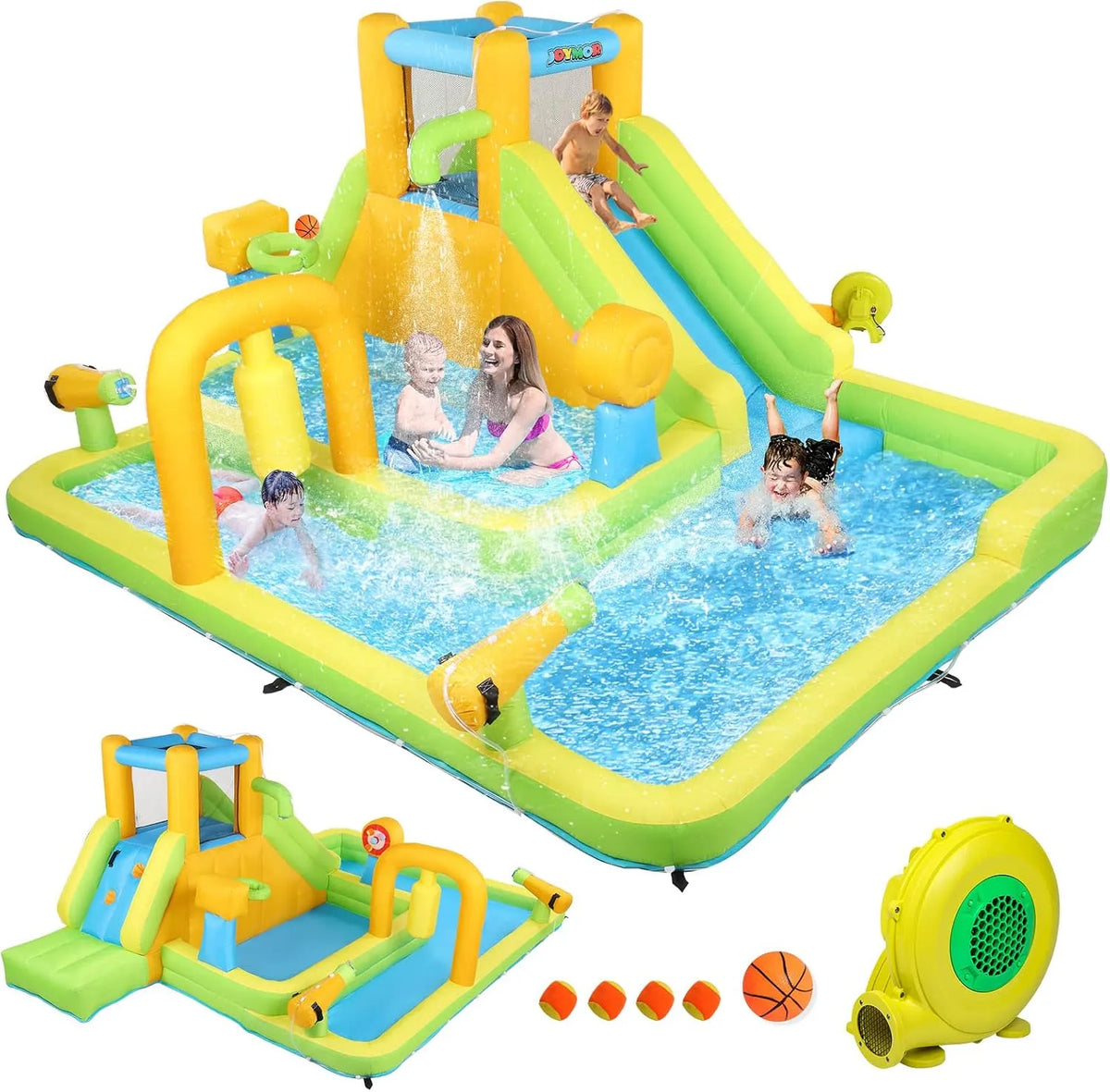 Indoor Bonnlo hüpfburg, hüpfburg mit Gebläse und Troken, Spielhaus Outdoor für Kinder ab 3 Jahre, Gelb und Grün-XXL, Wasserrutsche