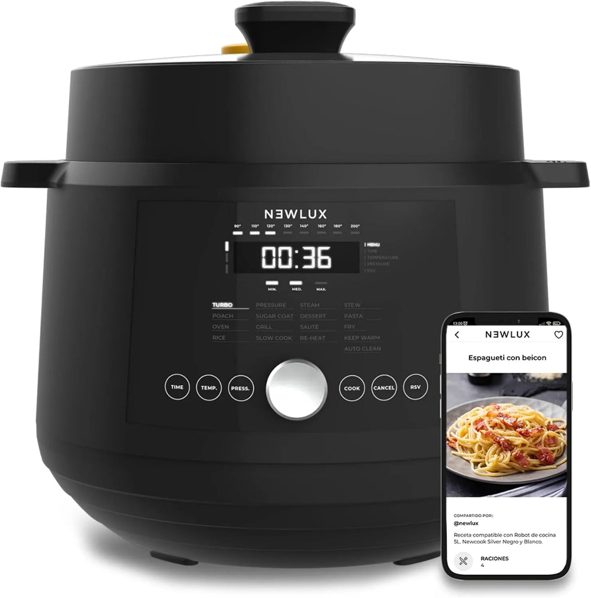 Modell V600 NEWLUX, 90 kpa, SmartChef Multikocher 6L, Leistung 1200W, Schnellkochtopf mit 4 Druckstufen, Dampfgarer 2 Ebenen
