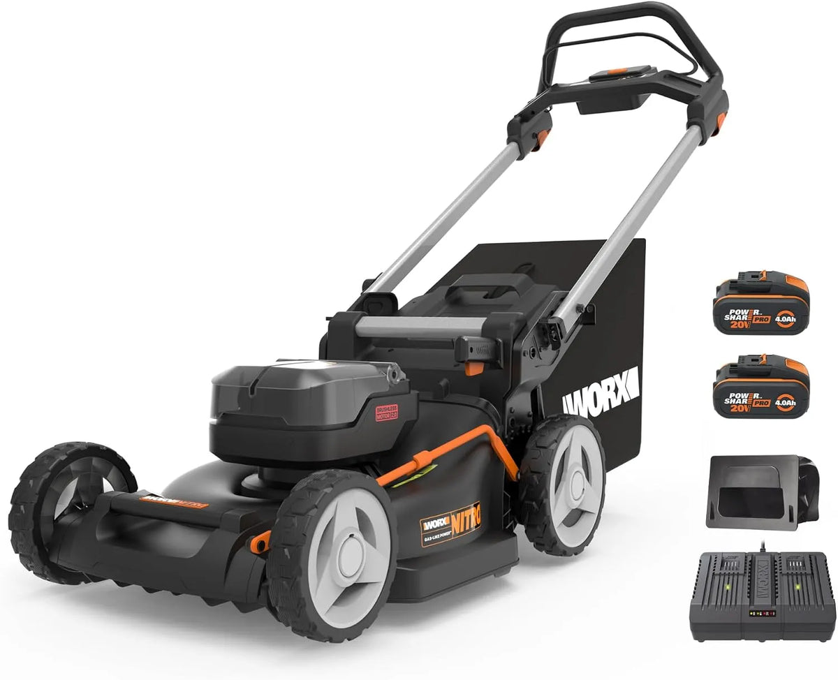 Worx Rasenmäher WG748E 2x20V 2x4Ah, NITRO Akku 40V, leistungsstarke bürstenloser Motor -46cm Schnittbreite, 7 Schnitthöhenstufe