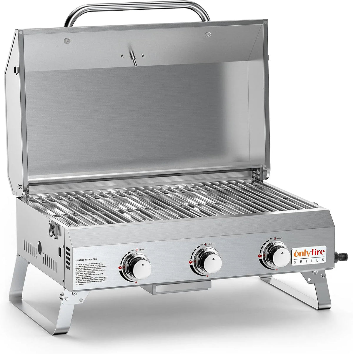 Gasgrill, Onlyfire 3 Brenner Tragbarer, Grillfläche 56,5 × 34 cm, Leistung 7Kw, Tischgasgrill mit Grillrost, mit Thermometer, Deckel