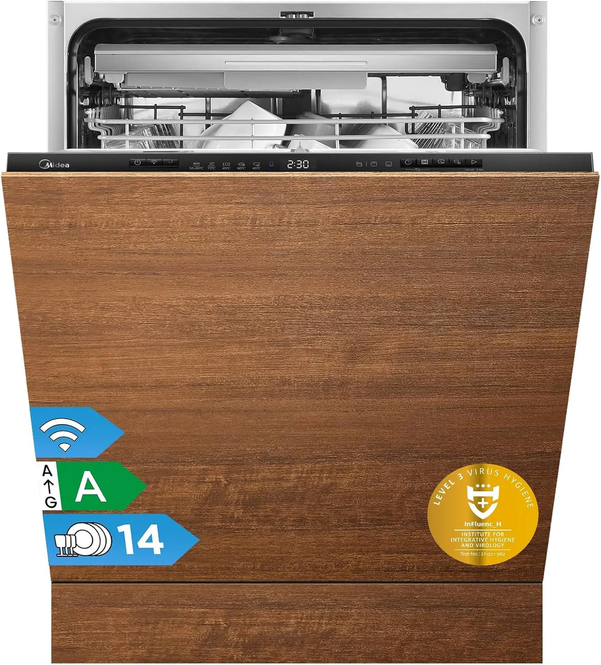 Midea Geschirrspüler MDWEB1403MB-EA, Spülmaschine Vollintegriert 60 cm, 14 Maßgedecke, 9 Betriebsprogramme, 1/2 Halbe Ladung, 42dB, LED Display