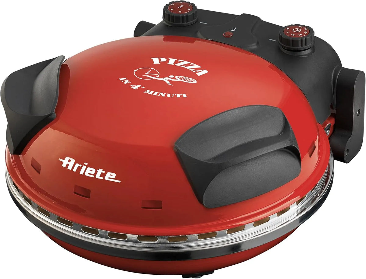 Ariete Modell 4-Minuten-Pizza, Max. Temperatur 400°C, Leistung 1200W, Holzbrettchen im Lieferumfang Enthalten, Pizzaofen 909, Rot