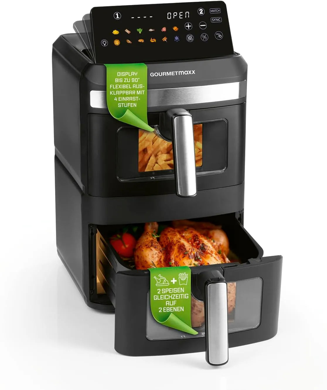 Heißluftfritteuse, Fassungsvermögen 12 L, Airfryer mit 9,6 Zoll Multi-Colour LED-Touchdisplay & 12 Programmen, 2 Kammern mit Oberhitze