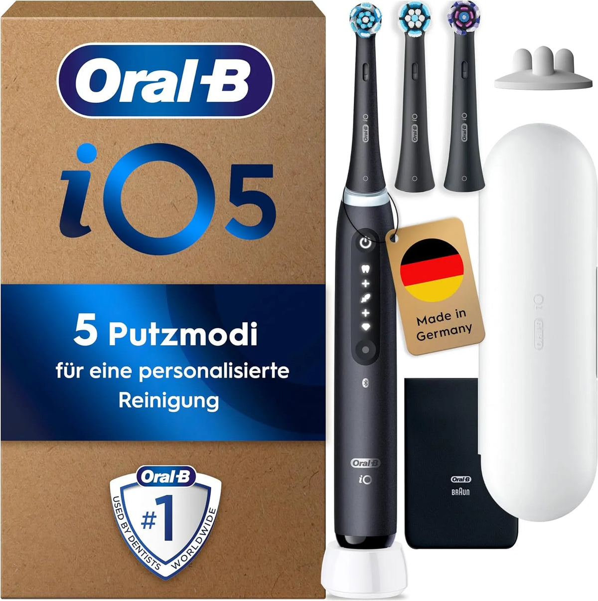 Braun Oral-B iO Series 5 Plus Edition Elektrische Zahnbürste, inklusive. 3 Aufsteckbürsten und Reise-Etui, Electric Toothbrush, Designed by