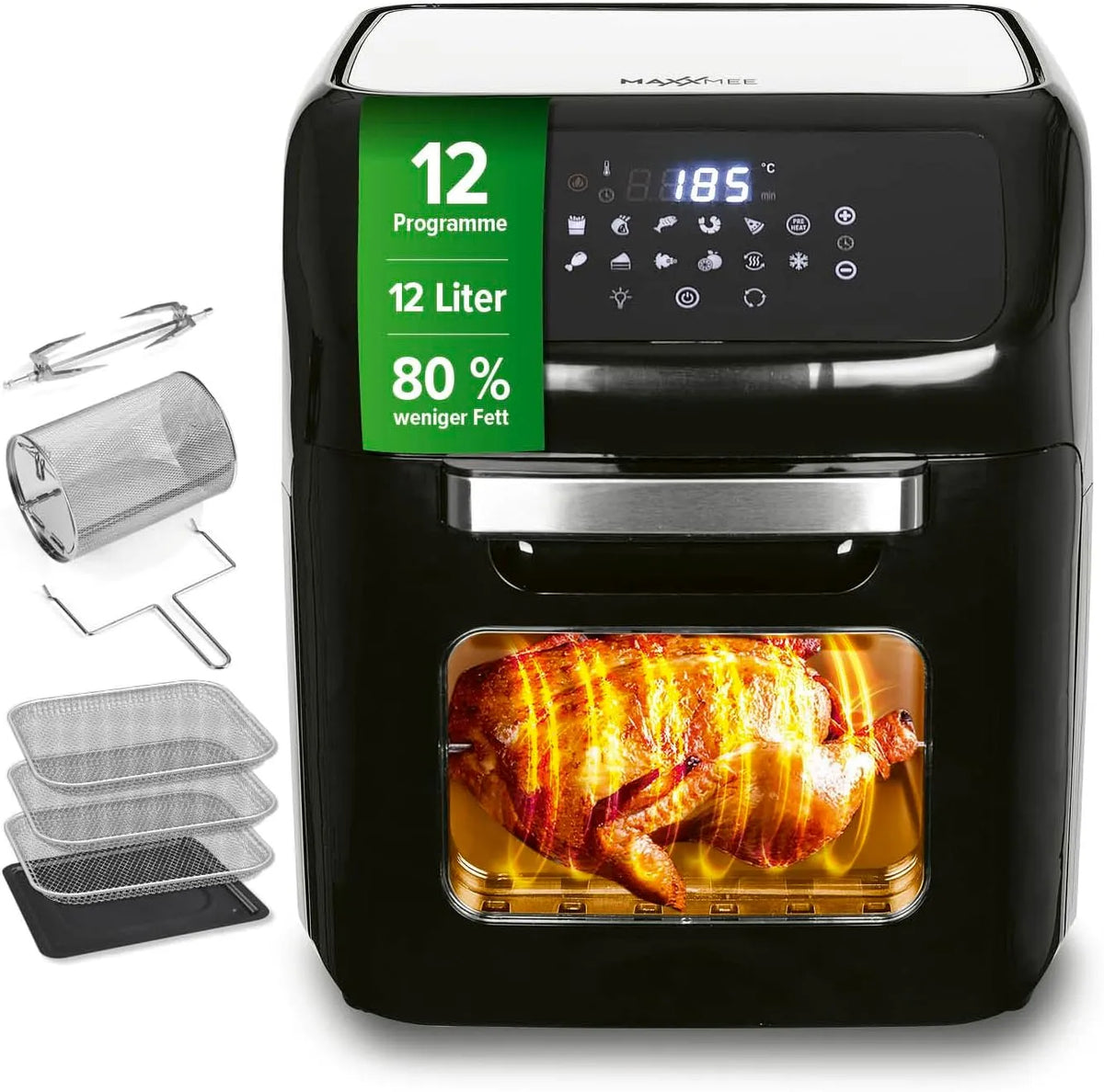 Heißluftfritteuse 3in1, MAXXMEE Heißluft-Fritteuse Digital, Grill und Fritteuse, in Schwarz, XXL 12L bis zu 1,8kg Pommes, Heißluftofen