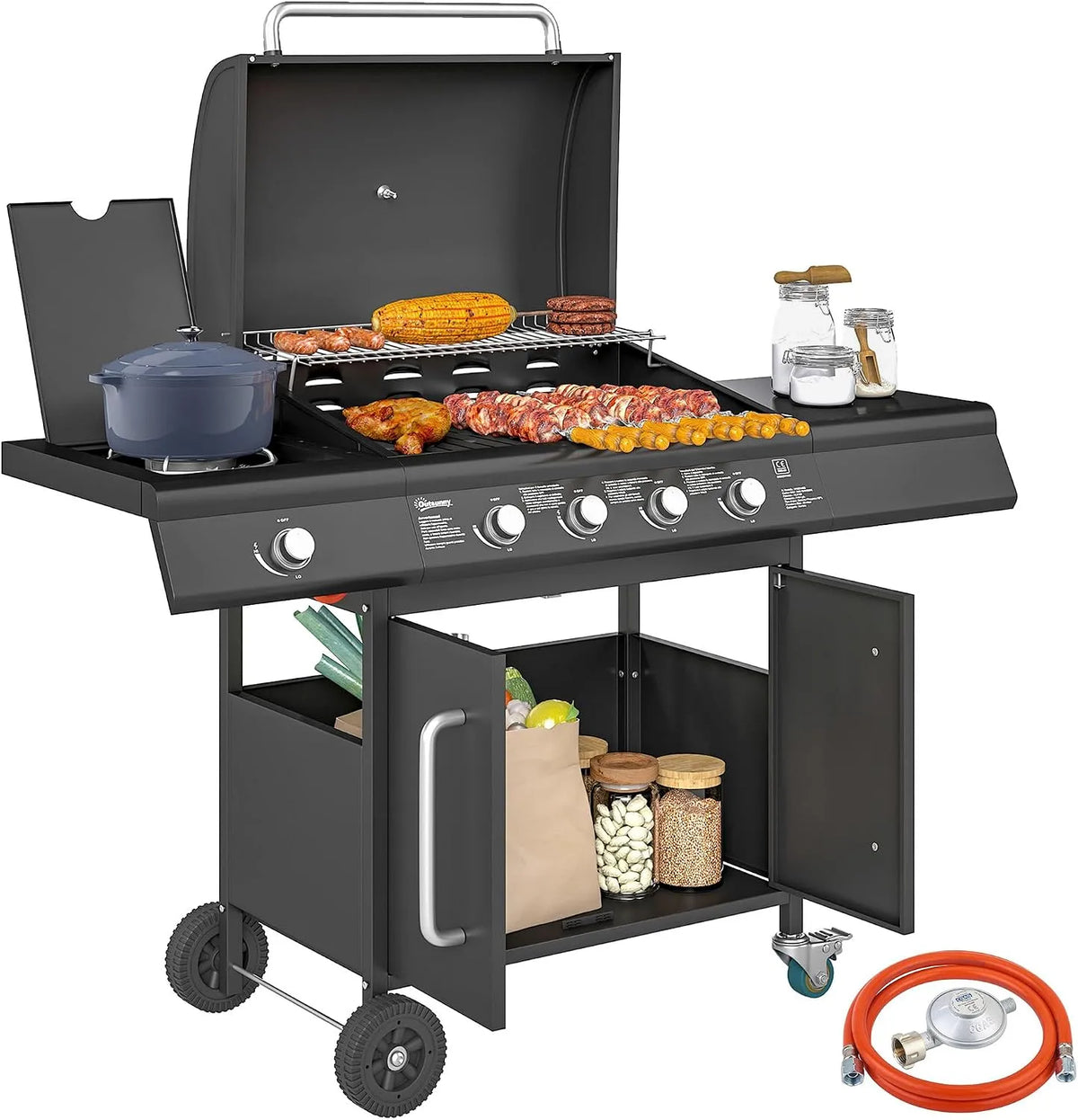 Outsunny Gasgrill, Maße 129,5 x 56 x 110 cm, Grillwagen für Grill, Balkon