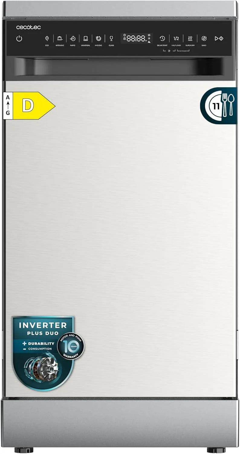 Cecotec Geschirrspüler, Inverter Plus Duo Motor, 9 Betriebsprogramme, Touchpanel, AutoClean, Freistehender 45 cm Bolero Aguazero 4360. Edelstahl