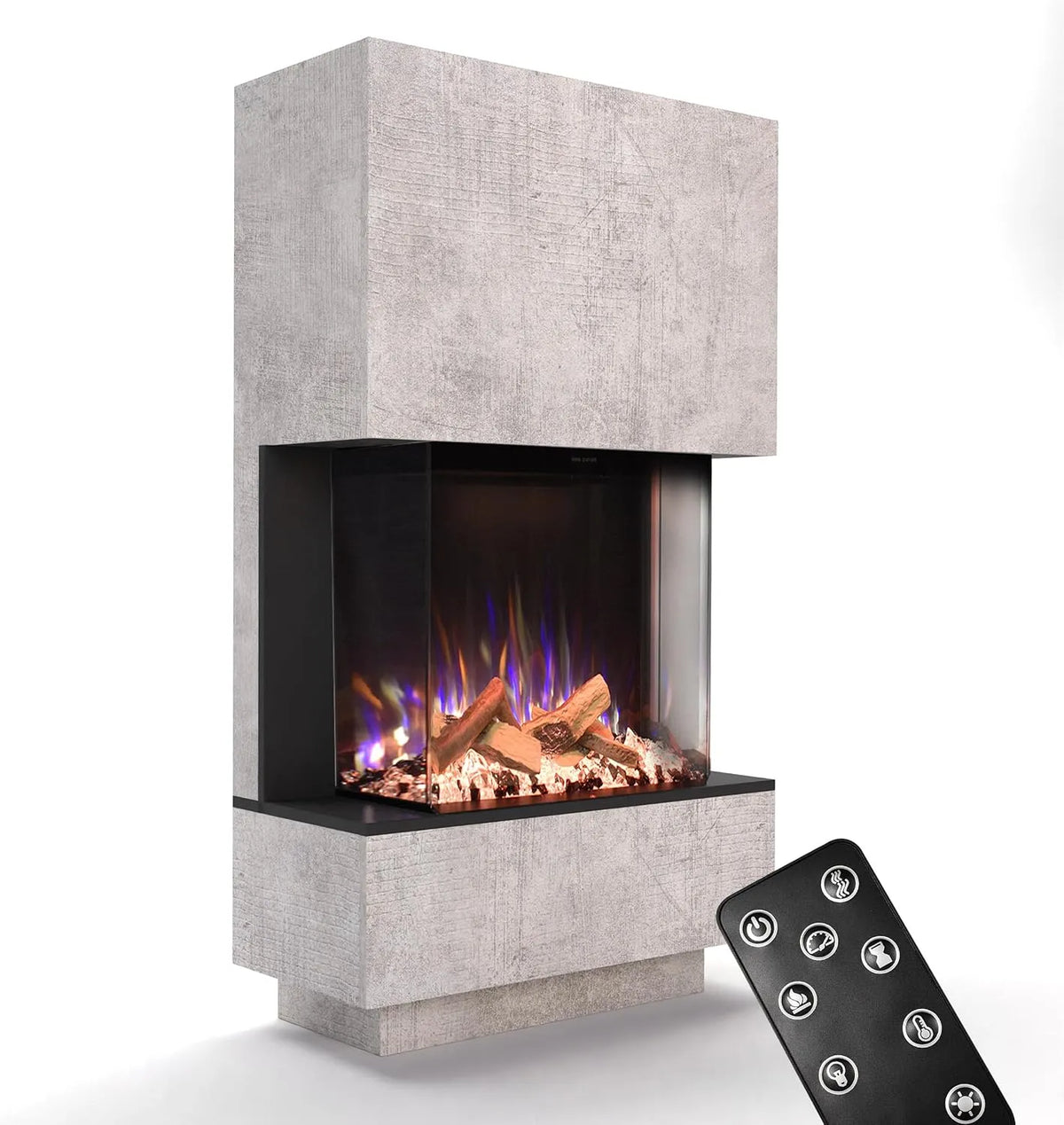 Kaminofen PR14 GLOW FIRE, Maße 85x150x39,8cm, max. 1500 W, mit realistischem 3D E-Motion LED-Feuer, Knistereffekt & Timer, Beton