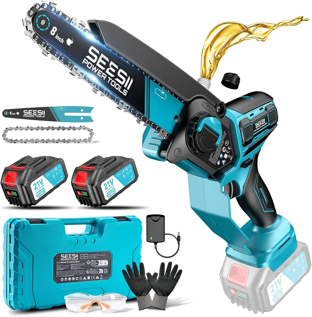 SEESII 6 & 8 Zoll Mini Kettensäge 4000, Leistung 1000 W Brushless Kettensäge mit 2 * mAh Akkus, 4000 mAh, Astsäge Akku für Holz