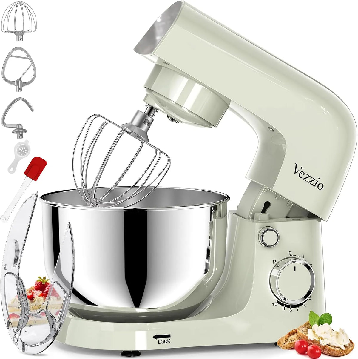 Zum Backen Modell 5-Liter-Schüssel Vezzio Knetmaschine, 1500 Watt Kompaktkneter, 10-stufiger geräuscharmer Teigkneter mit 4, inklusive. Schneebesen
