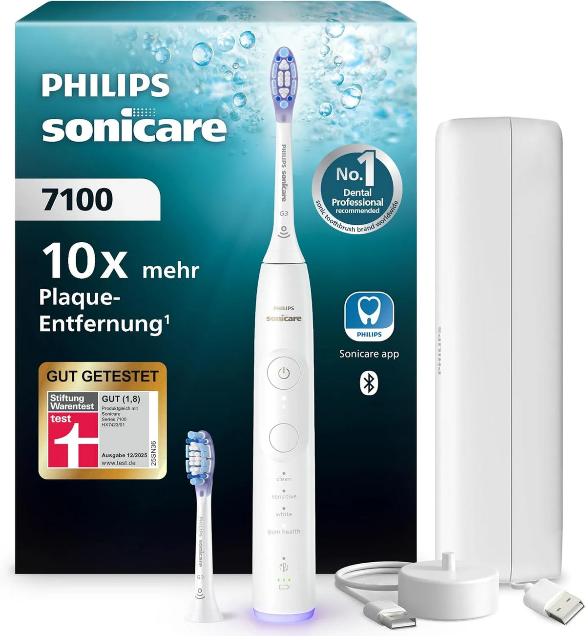 Philips Modell, Sonicare elektrische Zahnbürste 7100 HX7420/02, Andruckkontrolle, SmarTimer, Modell, Neue Technologie, Schallzahnbürste mit App, Weiß