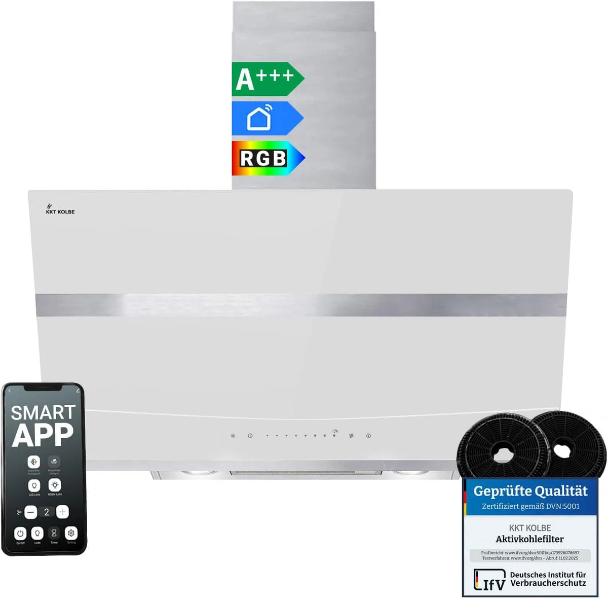 Dunstabzugshaube HERMES8005WM KKT KOLBE A+++, 80 cm 782 cbm, h Kopffreie Wandhaube Edelstahl in Weißes Glas WLAN RGBW-LED-Beleuchtung