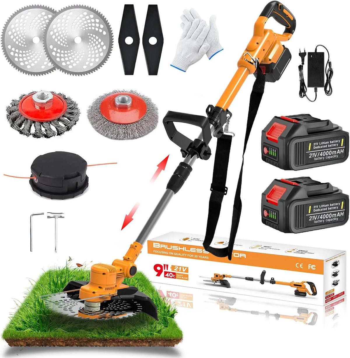 Rasentrimmer Akku, Bürstenloser Freischneider mit 2 4.0Ah, für Garden Trimmen, Spannung 21V mit und Unkrautbürste, orange
