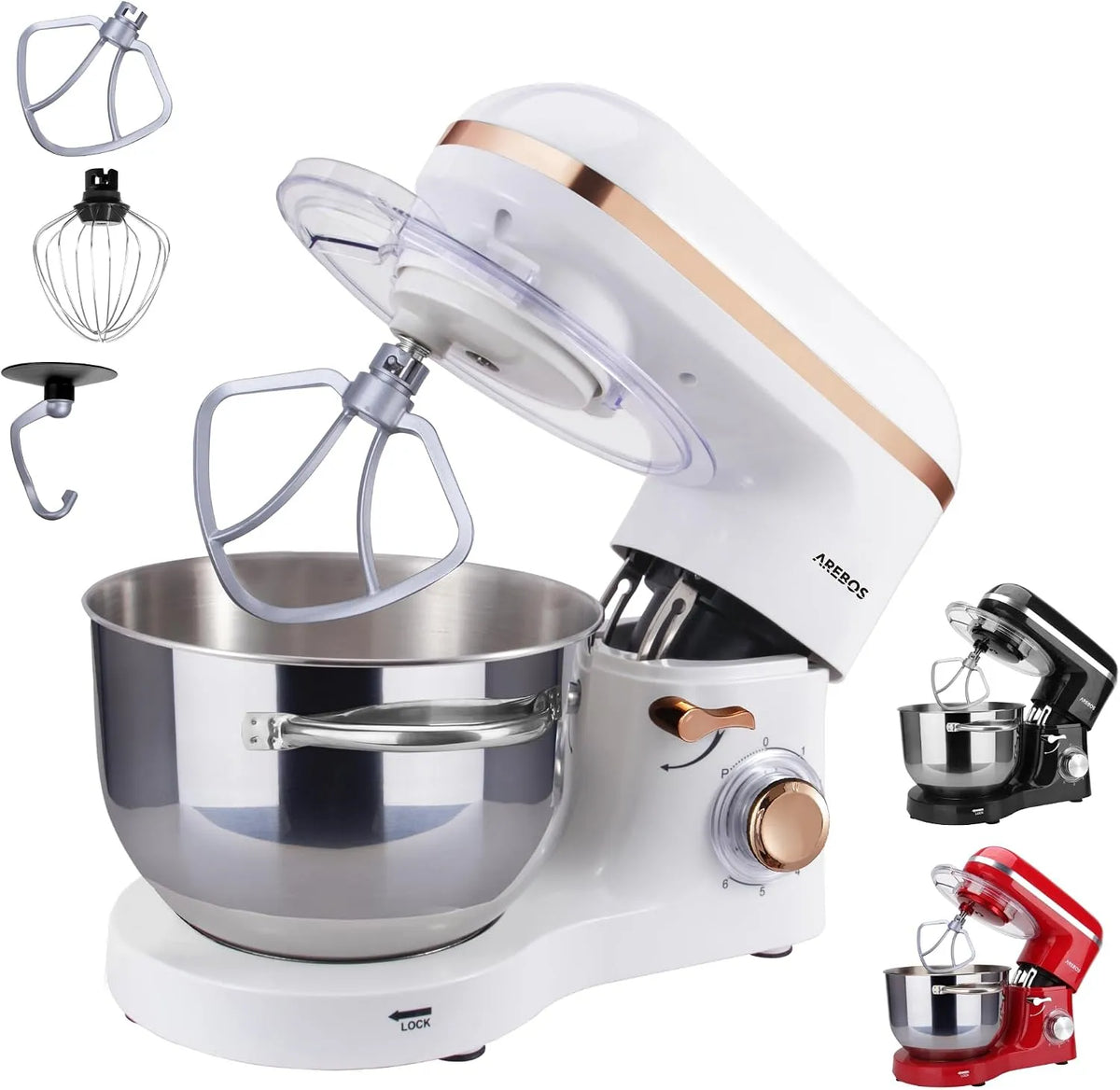Küchenmaschine Arebos, 6 Geschwindigkeitsstufen, Leistung 1500W mit 6L Edelstahl-Rührschüssel, 6 Geschwindigkeitsstufen, inklusive. Rührhaken