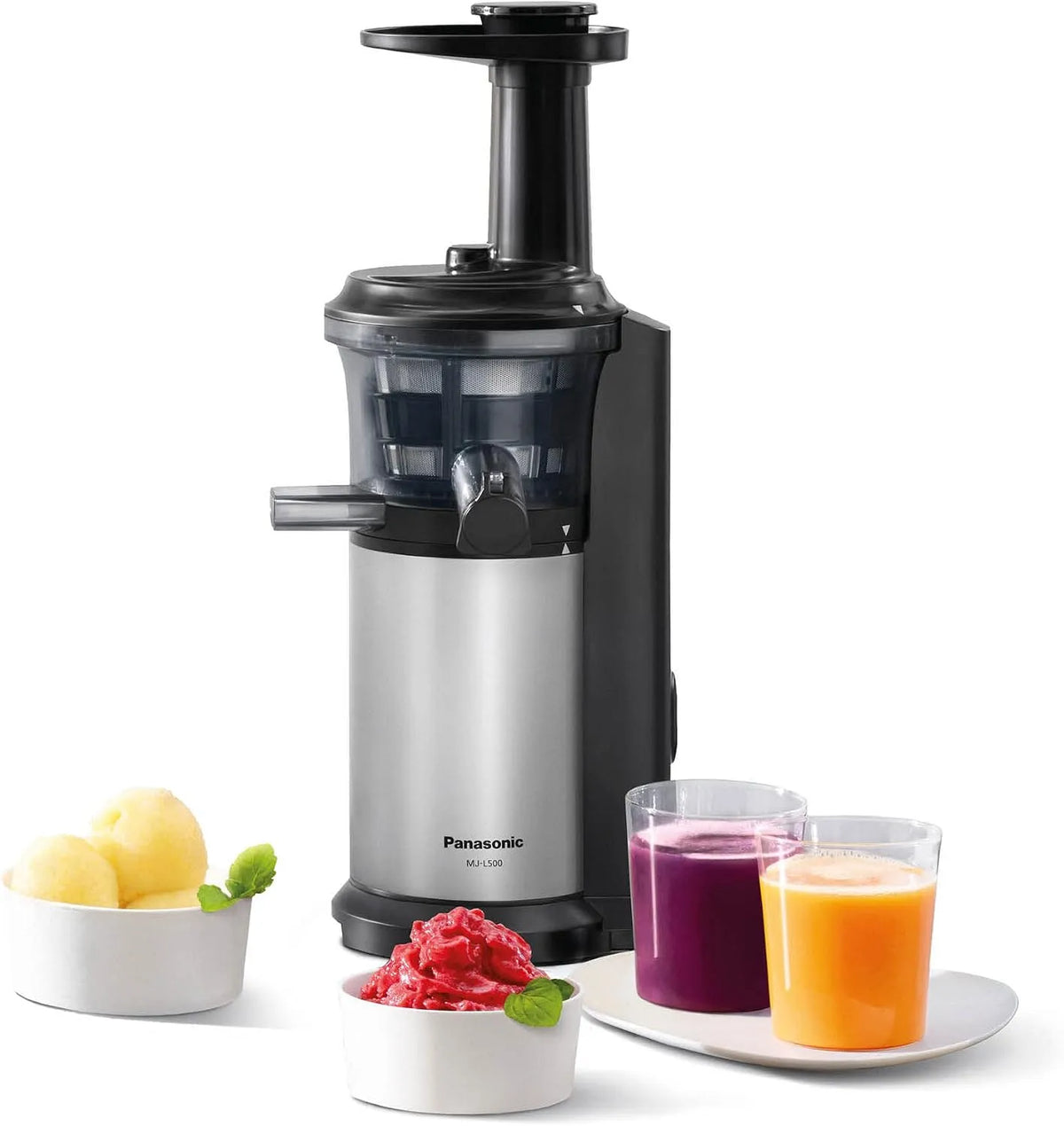 Panasonic Entsafter MJ-L500S, 2 Einsätze für Säfte & tiefgefrorene Zutaten, Slow Juicer, Frozen Joghurt, Silber