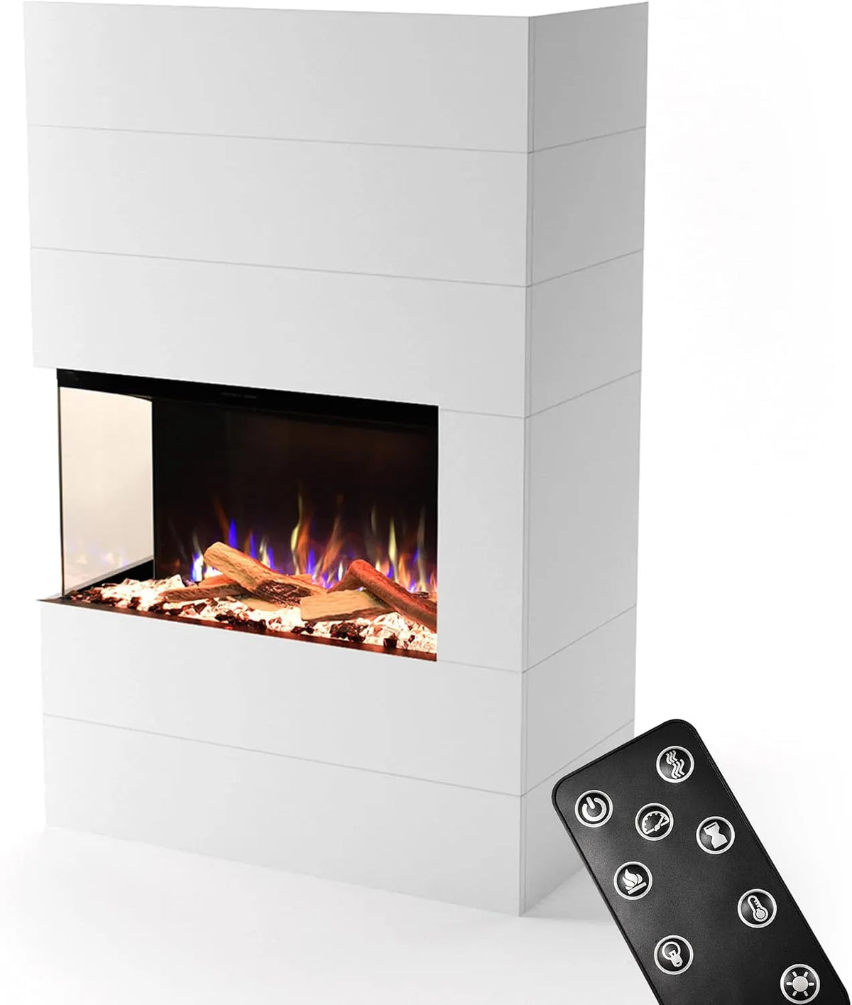 Kaminofen GLOW FIRE, max. 1500 W, Portia linksoffen mit realistischem 3D E-Motion LED-Feuer, 140x90x45, Weiß, Knistereffekt & Timer