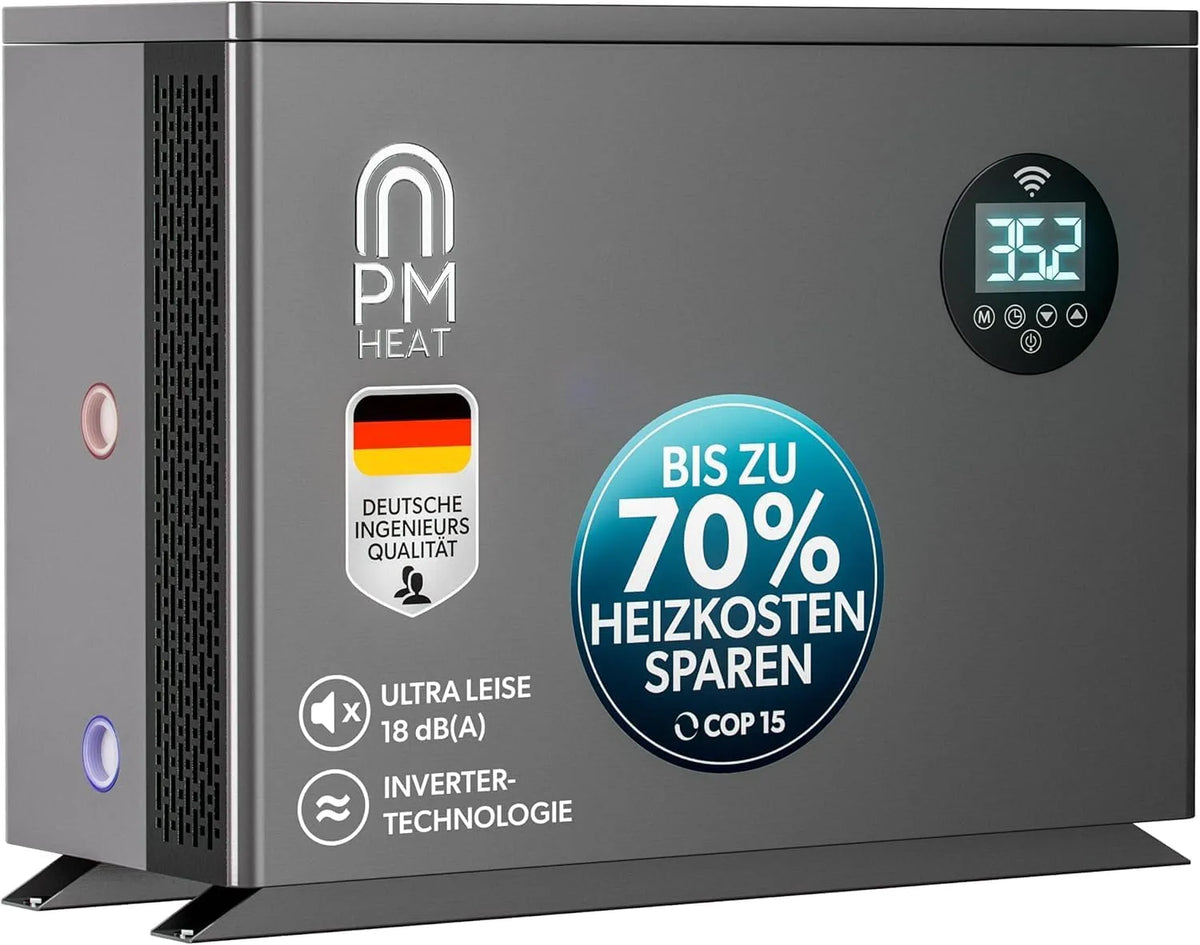 Pool 50-80m COP 15 poolomio Wärmepumpe, 50-80m³, Effiziente Full Inverter Wärmepumpe Invermo 14 kW mit Smarter App-Steuerung, 14.000 Watt