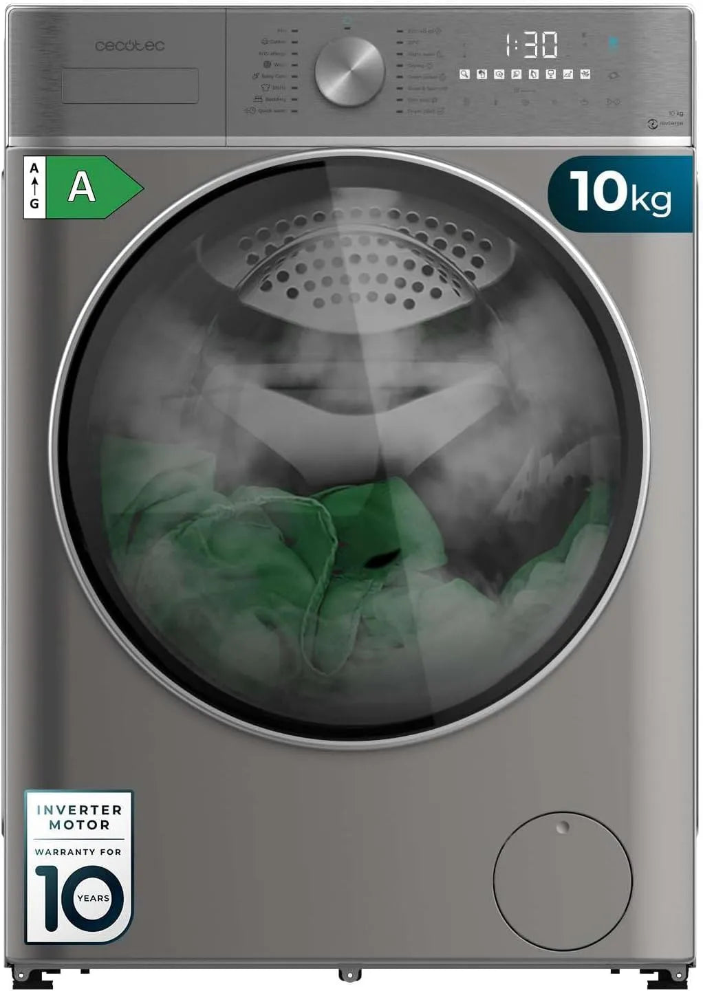 Cecotec Waschmaschine 10-6Kg 10680 1400, Inverter Plus Motor, 16 Betriebsprogramme, Trockner Frontbeladung Bolero Wash&Dry Inverter Steel A. U, MIN