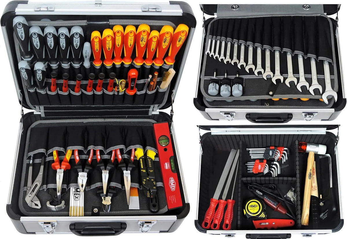88 Profi Alu Werkzeugkoffer gefüllt mit Werkzeugset groß FAMEX 418, für den gewerblichen Einsatz, Werkzeug aus deutscher Produktion