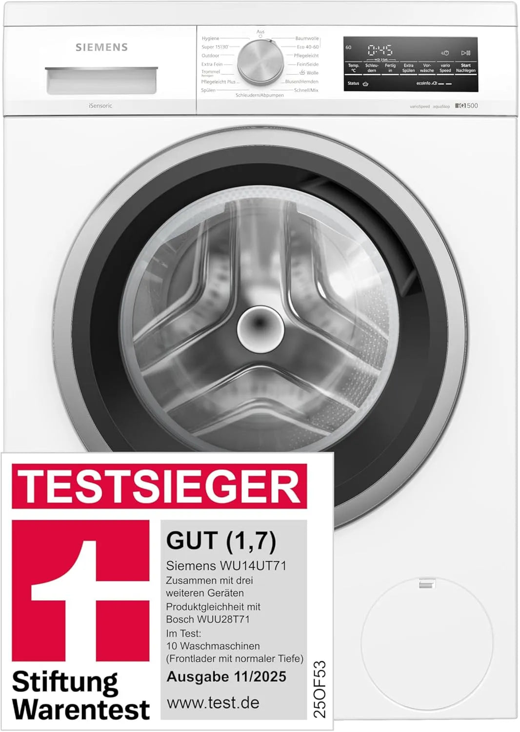 Siemens Waschmaschine WU14UT71 iQ500 1400, Stiftung Warentest Testsieger*, UpM, smartFinish für weniger Bügeln, Unterbau 8 kg, Antiflecken-System